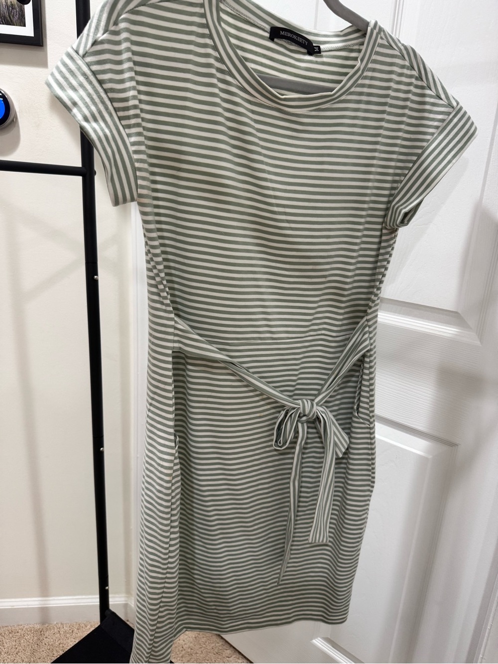 Moss & Spruce Sage Striped Tie-Waist Mini Dress